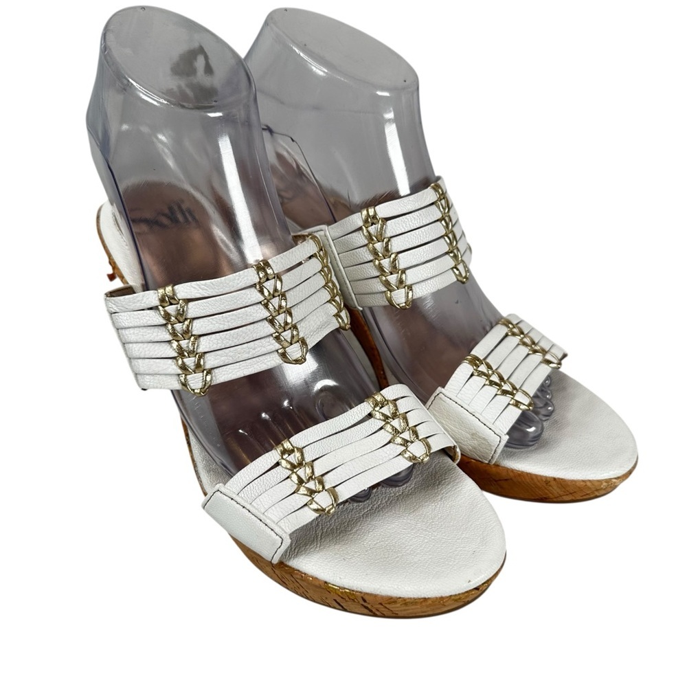 Sofft White Leather Cork Heels Womens 8M Strappy Sandals Gold Comfort